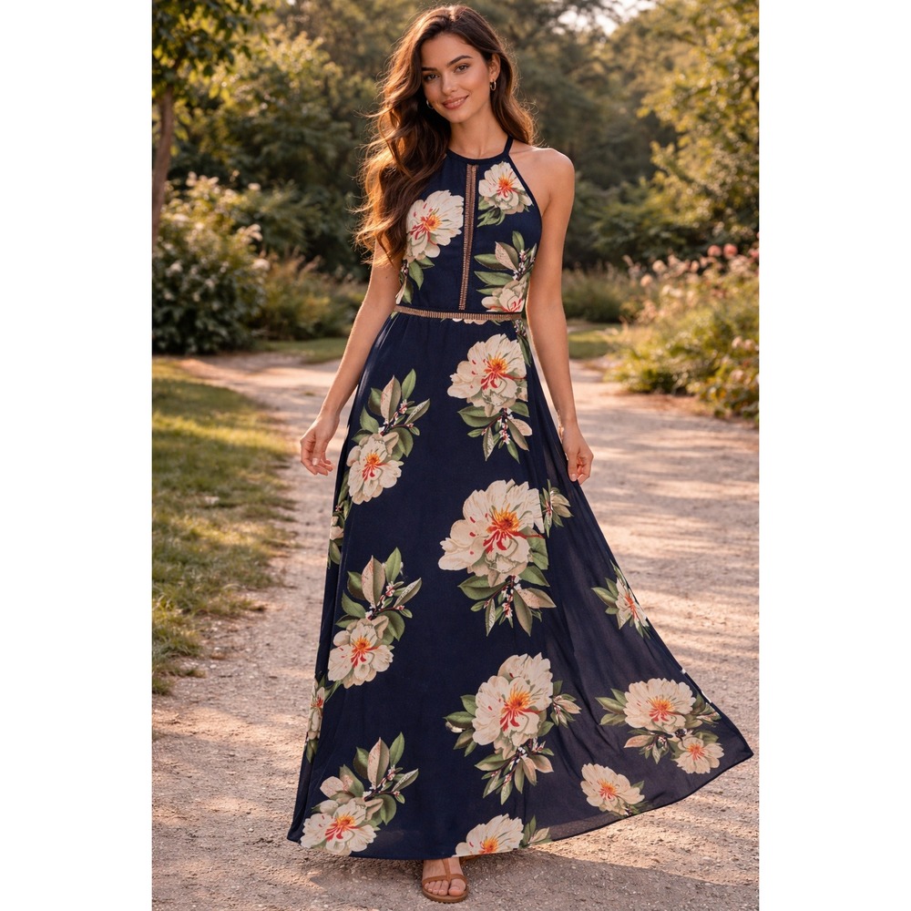 Navy Blue Floral Halter Maxi Dress Open Back Ladder Stitch Detail Peony Print